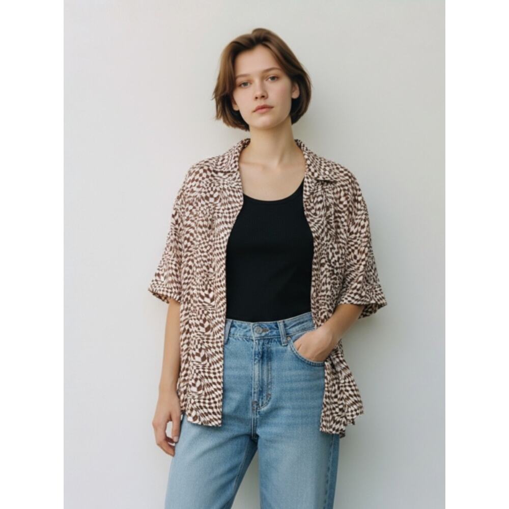 Wildfang Empower Button Up Rose Brown Dizzy Check Short Sleeve Shirt Large NWT